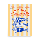 Flat lay of a signed 'Summer S’mores with Conan & The Chill Chums' poster featuring vertical yellow and white stripes. The top section shows the names 'Conan O'Brien', 'Sona Movsesian', and 'Matt Gourley', each with their respective black signatures underneath. Below, three blue fish illustrations represent the hosts, each styled with distinctive details.