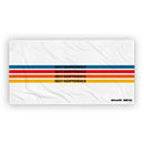 A white beach towel laid flat against a white surface, featuring a design of four horizontal stripes in blue, red, orange, and yellow, each overlaid with the text 'SEXY INDIFFERENCE'. The 'SiriusXM' and 'SMARTLESS' logos appear in black in the bottom right corner.