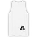 White tank top displayed flat from the back, featuring bold black text reading 'VIBE CHECK' in all caps, positioned in the lower-right corner near the hem.