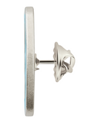 Side profile view of a 'Casuals with Katie Nolan' enamel pin showing the silver post and butterfly clasp backing, highlighting the thickness and metallic finish of the pin’s edge.