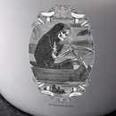 Close-up detail of the candle’s printed artwork showing a hooded skeleton rowing a boat within an ornate frame. Visible text includes ‘MORBID 2018’ and ‘SHE BECOMETH SO LAME’, with fine linework and vintage engraving-style illustration.