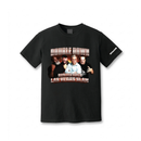Black short-sleeve T-shirt front view featuring bold graphic with text ‘DOUBLE DOWN’ above ‘BUSTED OPEN LAS VEGAS SLAM’ and four men posed in front of a fiery background, with small ‘SiriusXM’ logo on sleeve.
