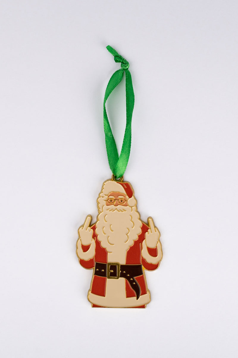 Ornament shaped like Santa Claus wearing his classic red suit, glasses, and green ribbon, holding up both middle fingers.