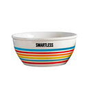 White ceramic bowl decorated with red, yellow, orange, and blue horizontal stripes and the text ‘SMARTLESS’ printed in black on the front.