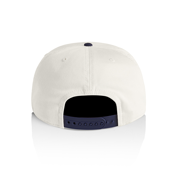 Back view of a white baseball cap featuring an adjustable navy snapback closure and matching navy button on top.
