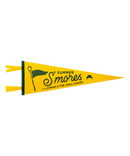 Yellow pennant banner with text 'Summer S'mores with Conan & The Chill Chums' and an image of a s'mores marshmallow on a stick.'