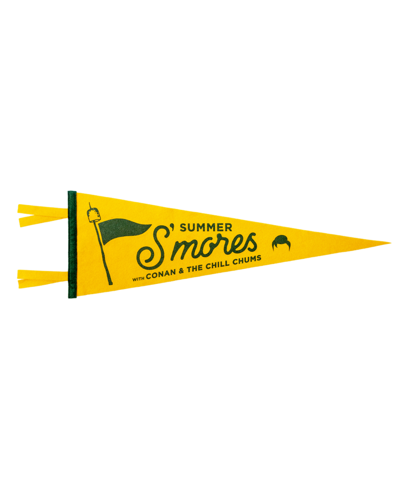 Yellow pennant banner with text 'Summer S'mores with Conan & The Chill Chums' and an image of a s'mores marshmallow on a stick.'