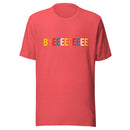 A flat lay of a heather red T-shirt with the word 'BYEEEEEEEE' printed in bright multicolored block letters on the chest.