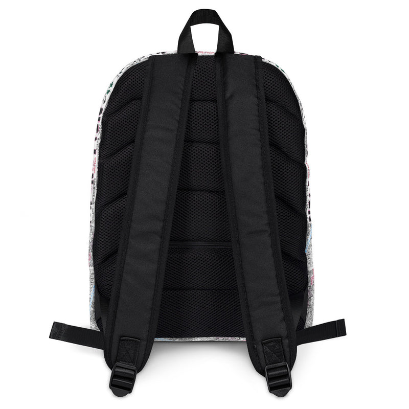 back view of a patterned backpack showing padded straps and mesh detailing