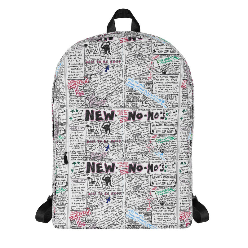 Backpack featuring pattern designed to look like haphazard, hand-drawn text, doodles, and colorful notes on a white background.