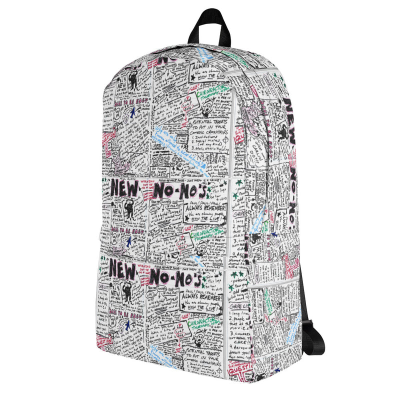 Backpack covered in handwritten notes and doodles in various colors on a white background, angled to the left.