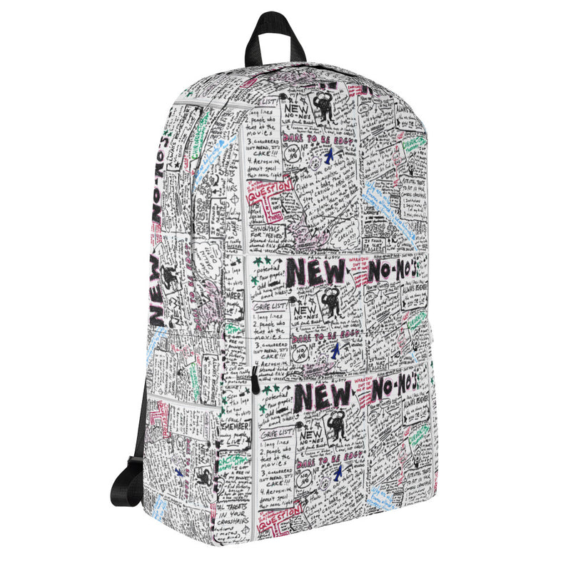 Backpack covered in handwritten notes and doodles in various colors on a white background, angled to the right.