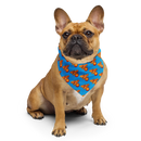 French Bulldog wearing a blue bandana with a 'Comedy Bang! Bang!' logo on, sitting against a black background.