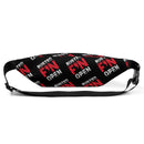 black fanny pack featuring the text BUSTED F'N OPEN in red and white on a patterned background