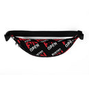 Fanny pack with black background and red and white text featuring the words BUSTED and OPEN in a bold, playful style.