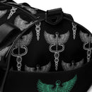 A close-up of the end panel of a black gym bag, showing a repeating silver caduceus pattern—a winged staff entwined by two snakes—across the fabric, with a large mint green version on a black pocket, featuring the zipper and the attachment for the removable shoulder strap, not pictured. 