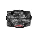 Gray camouflage duffel bag with black straps and red logo on the side.