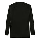 A black long-sleeve rash guard shown flat with no visible graphics, highlighting the curved raglan seam construction.