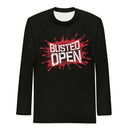 A black long-sleeve rash guard laid flat featuring a large graphic in the center with a red paint splatter design and the white, distressed text 'BUSTED OPEN'.