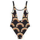 A one-piece swimsuit with a scoop back and an all-over repeating print of the word 'BYEEEEEEE' in a semi-circular rainbow-styled design on a black background.