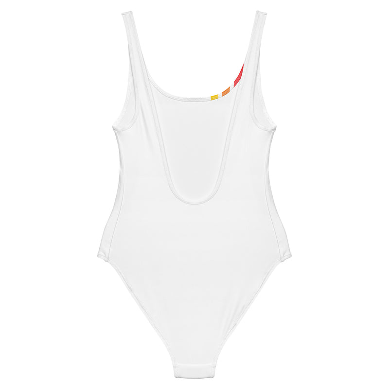 A white one-piece swimsuit shown flat from the back, featuring a low scoop back and a small portion of the colored stripes just visible at the neckline.