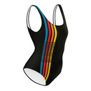 A black one-piece swimsuit with colorful stripes in blue, red, orange, and yellow running vertically across the front, each containing the phrase 'SEXY INDIFFERENCE' in black text.