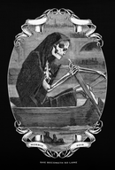 Close-up view of the black pillow’s antique-style illustration showing a hooded skeleton rowing a boat on water within an oval frame and decorative scroll banners. The ribbon text reads ‘MORBID’ and ‘2018,’ with ‘SHE BECOMETH SO LAME’ printed below.