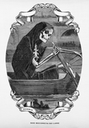Close-up view of the pillow’s black-and-white vintage illustration showing a hooded skeleton rowing a small wooden boat on water, surrounded by ornate scrollwork. The ribbon text reads ‘MORBID’ and ‘2018,’ and the caption beneath the artwork reads ‘SHE BECOMETH SO LAME.’