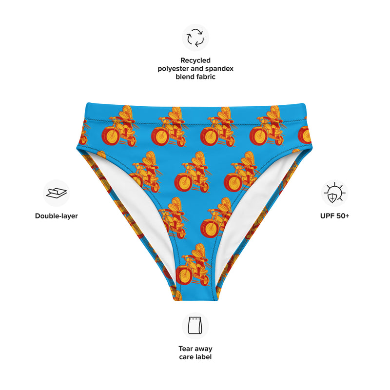 A blue high-waisted bikini bottom with a repeating motorcycle character pattern, displayed with surrounding icons highlighting features like 'Recycled fabric', 'Double-layer', 'UPF 50+', and 'Tear away care label'.