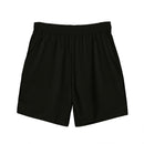Back view of plain black swim trunks with an elastic waistband.