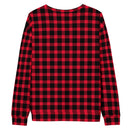 Back view of a long-sleeve red and black checkered pattern shirt.