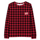 Long-sleeve red and black checkered shirt featuring a small 'Busted Open' logo on the chest.