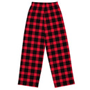 Plaid pants featuring a red and black checkerboard pattern, wide leg design, front view.