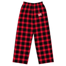 Red and black checkered pajama pants with 'BUSTED OPEN' logo on waistband.