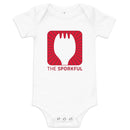 White baby onesie with a logo design featuring a spork and the text 'THE SPORKFUL' in red and white.