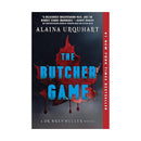 Front cover of the novel ‘THE BUTCHER GAME’ by ‘ALAINA URQUHART’. A red maple leaf with drops of blood hanging from its tips is centered on a dark gray background. The title ‘THE BUTCHER GAME’ appears in large blue letters across the leaf, with smaller text below reading ‘A DR. WREN MULLER NOVEL’. A vertical red strip on the right reads ‘