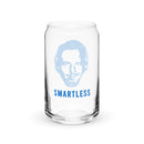 Glass featuring a blue illustration of a person's face wearing headphones, with the word 'SMARTLESS' printed in blue below the face.