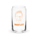 A clear glass featuring a printed illustration of a face and the word 'SMARTLESS' in bold orange letters.