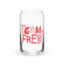 Clear glass featuring bold red text that says TEAM FRED with playful designs and patterns.