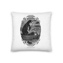 Square white throw pillow on a plain white background featuring a detailed black-and-white antique-style illustration of a hooded skeleton rowing a boat, framed by decorative scroll banners. The bottom ribbon reads ‘MORBID’ and ‘2018,’ with the phrase ‘SHE BECOMETH SO LAME’ printed below the central oval artwork.