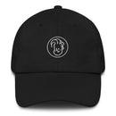 black baseball cap featuring a circular embroidered logo of an illustrative Conan face.