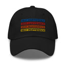 Black dad hat with four stacked embroidered lines reading 'SEXY INDIFFERENCE' in bold uppercase text. Each line is stitched in a different color: blue, red, orange, and yellow.
