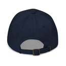 Back view of a navy blue baseball cap with an adjustable strap.