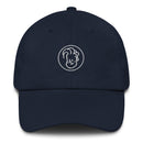 Navy baseball cap featuring a circular embroidered logo of an illustrative Conan face.