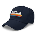 A navy baseball cap with the word 'SMARTLESS' embroidered in white above a colorful striped design.