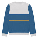 Back of blue sweater with horizontal yellow stripes and grey hems and central collar section.