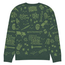 Back of green sweater featuring various graffiti-style illustrations and text, including 'BUSTED OPEN,' 'UNCLE BULLY SAYS,' and other playful designs.
