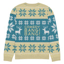Back of sweater featuring reindeer and snowflakes with the text 'COMEDY BANG! BANG!' across the back.