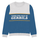 Front of blue sweater featuring the text 'THERE WAS TALK OF GERBILS' in grey between horizontal yellow stripes, with grey hems and central collar section.