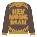 Brown sweater with gold 'HEY NONG MAN' text and a patterned design.